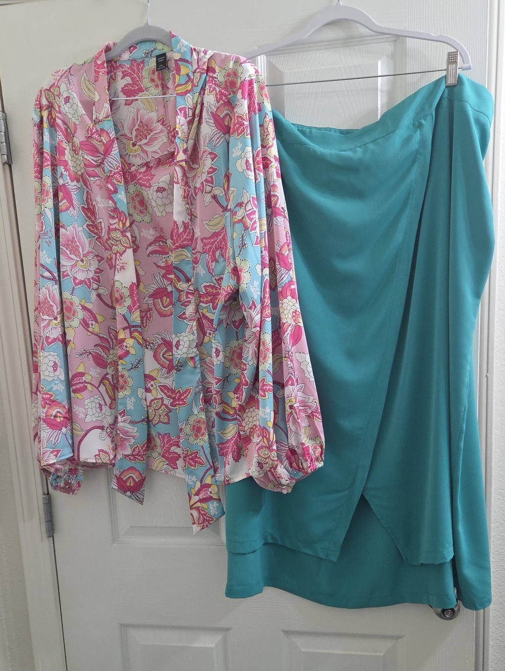 SHEIN Pink Floral Blouse & Teal Wrap Skirt Set